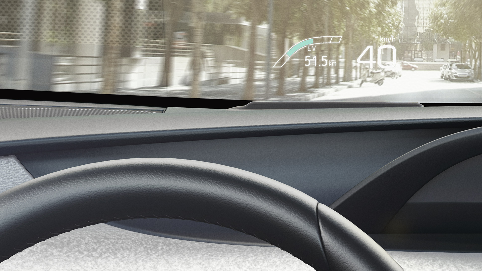 The Head Up Display is positioned clearly at the base of the windscreen